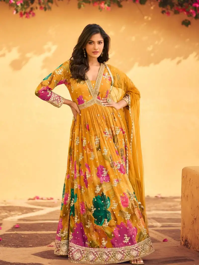 Yellow embroidered chinon free size anarkali suit stitched