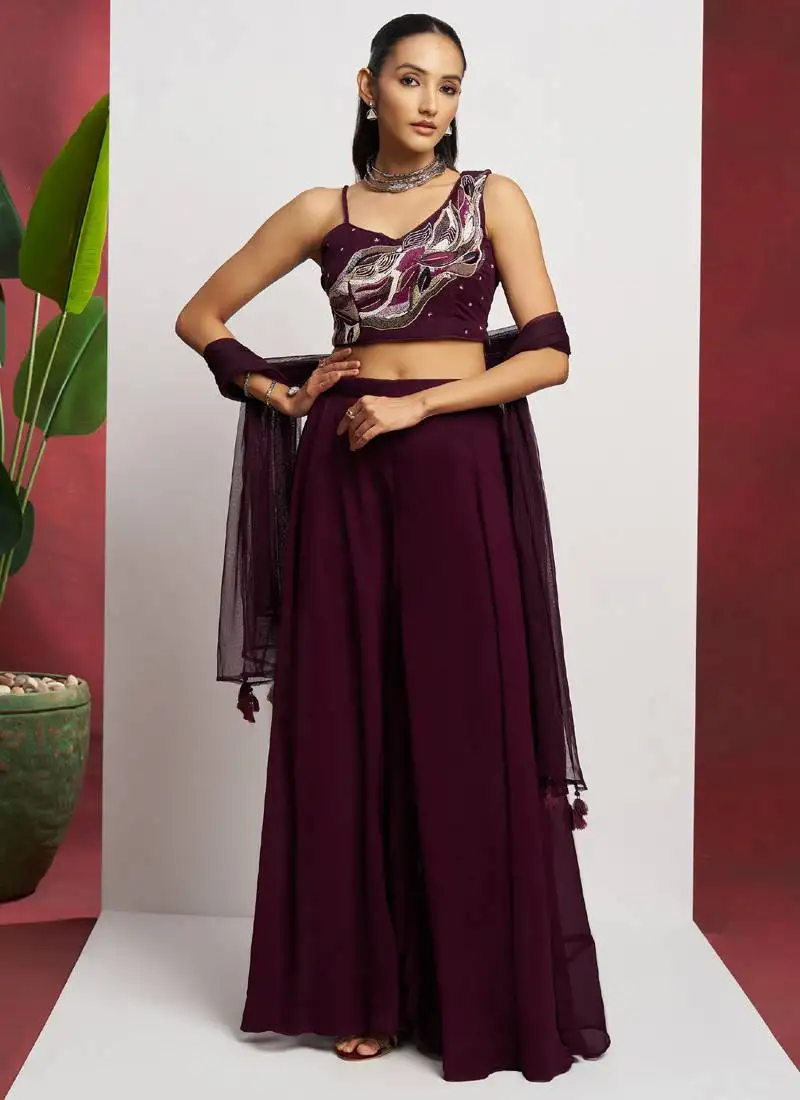 Wine georgette khatli work western sharara stitched