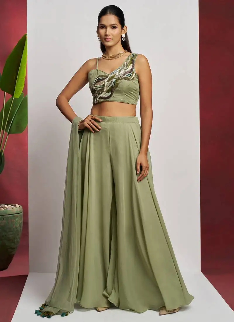 Sea green georgette khatli work western sharara stitched