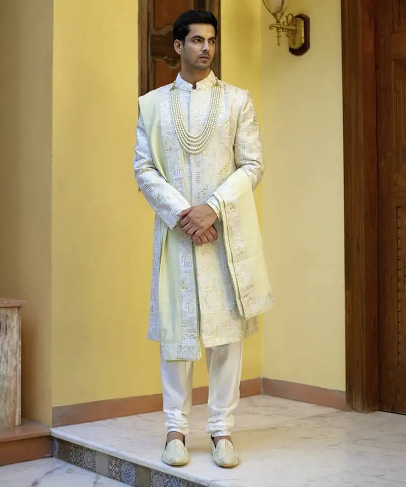 Green embroidered mirror work cotton silk zahid sherwani (mint green)