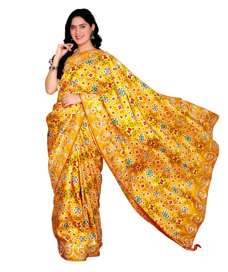 Yellow silk blend handwork saree