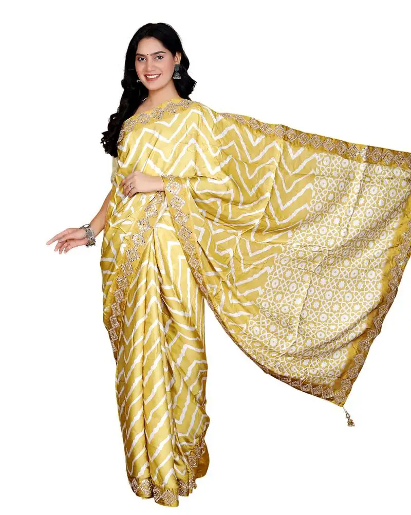 Yellow digital print silk blend handwok saree for women