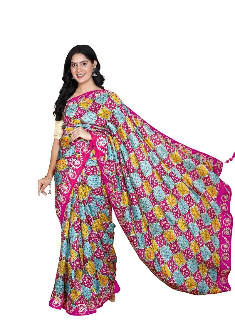 Multicolor uppada silk blend zardosl gota patti hand work saree for women