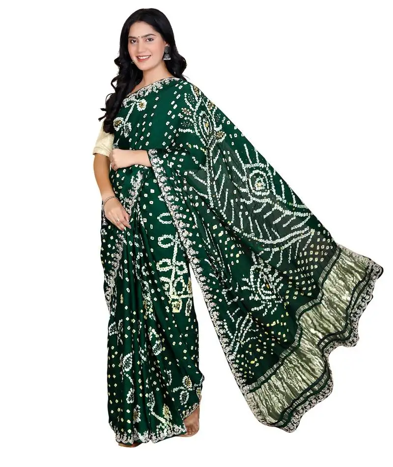 Green indian wedding bandhej hand work satin saree
