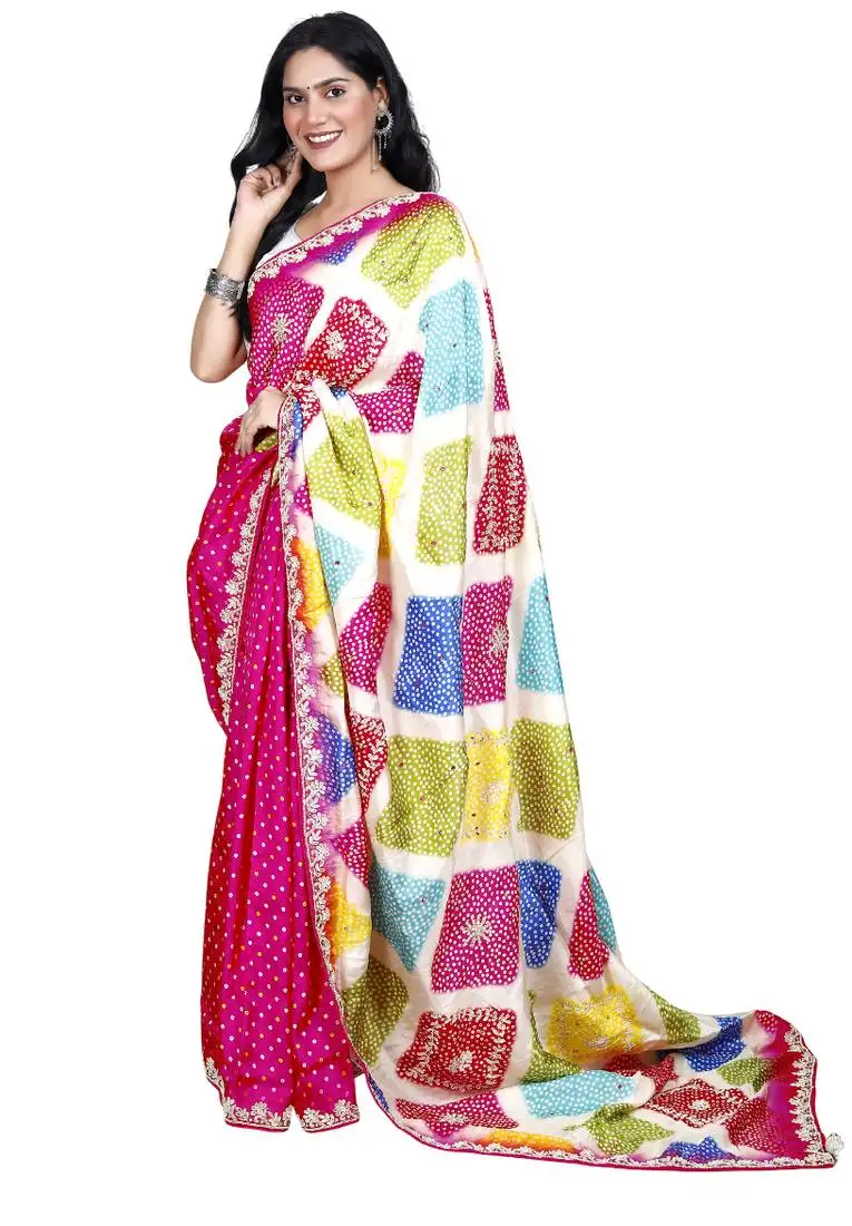 Multicolor bandhani ajrakh digital print silk blend saree