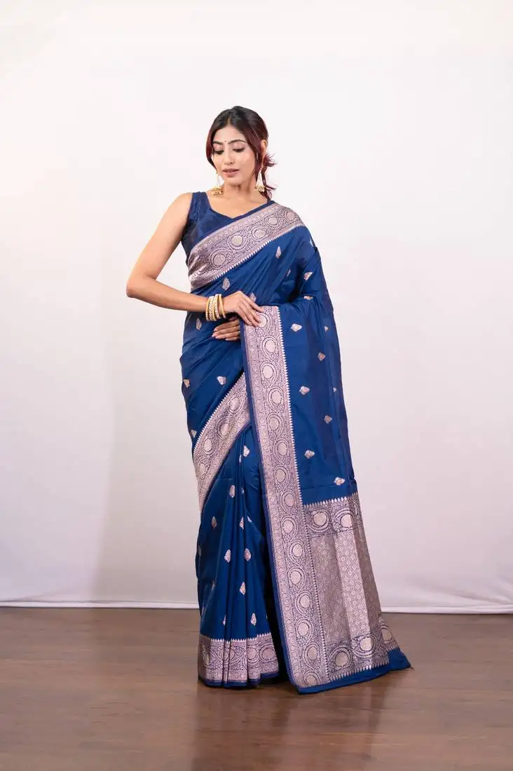 Blue pure banarasi katan silk saree with silver zari booti and border pallu