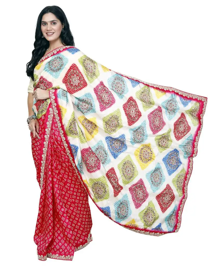 Multicolor bandhani printed silk blend saree for women