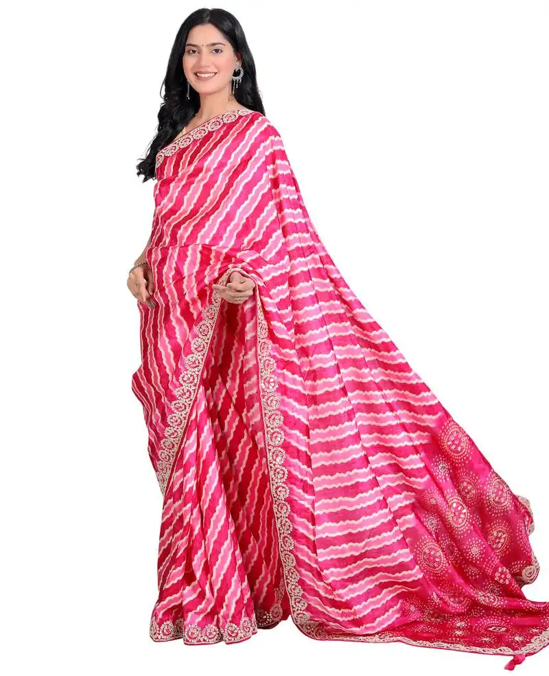 Pink digital print bandhani silk blend hand-work saree