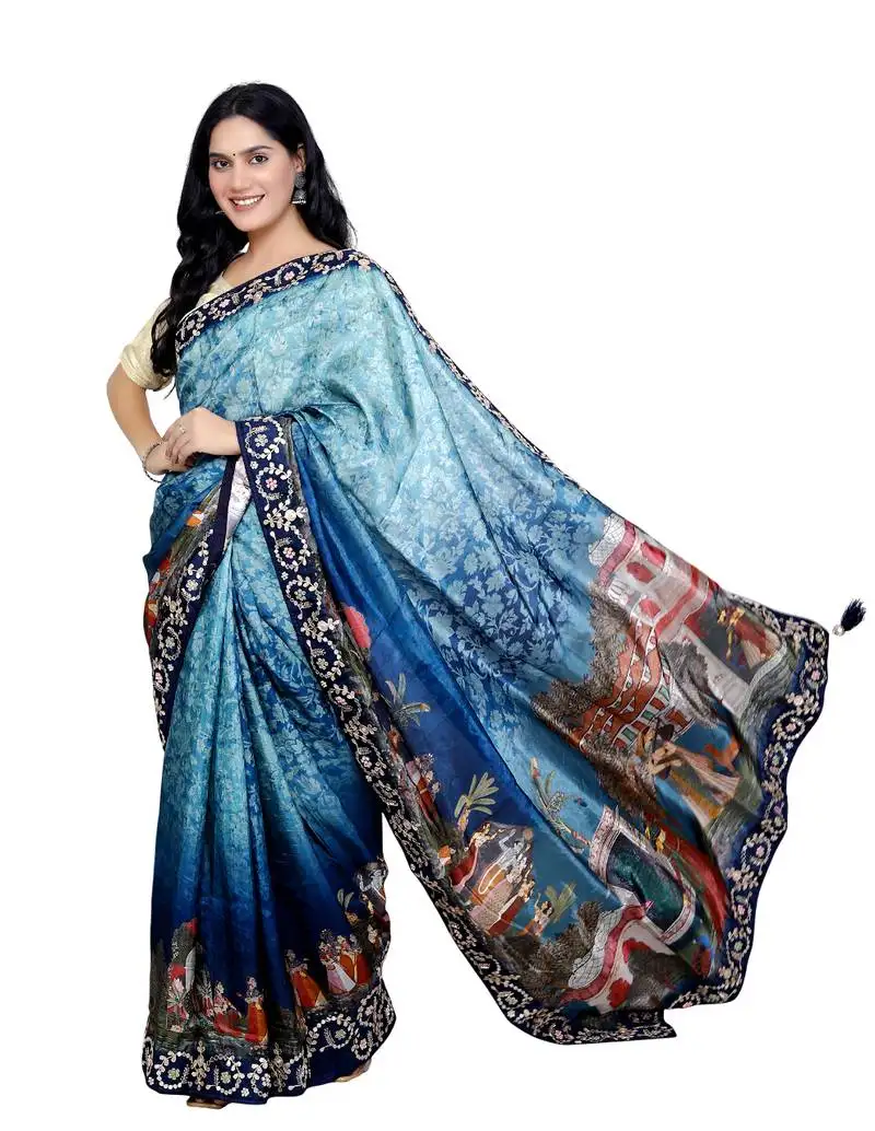 Blue digital madhubani print silk blend gota patti work saree