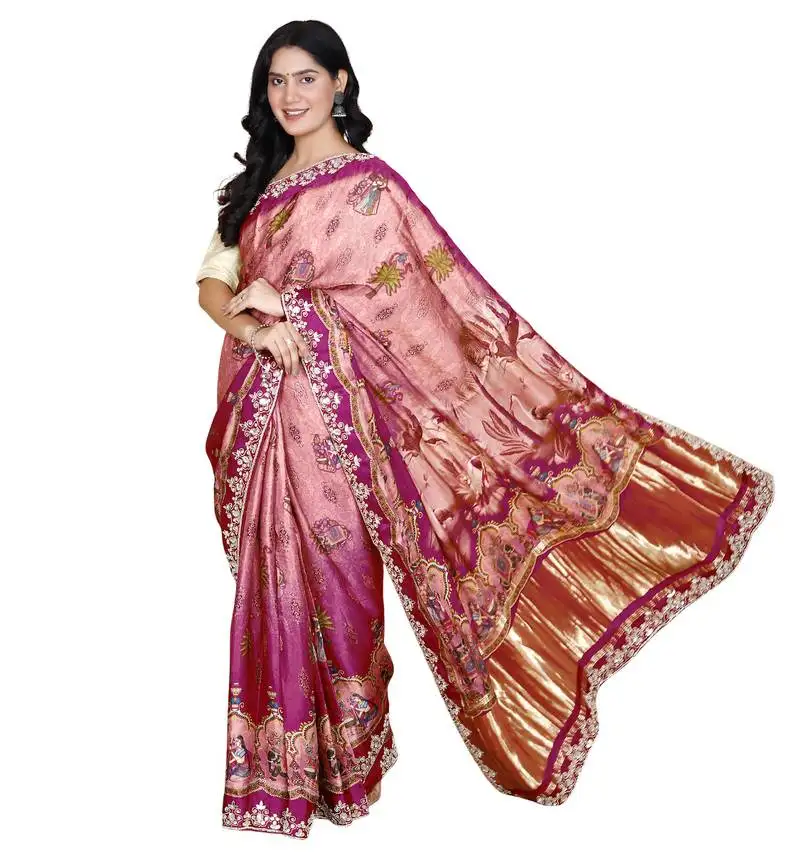 Yellow digital mughal print hand work silk blend saree for women