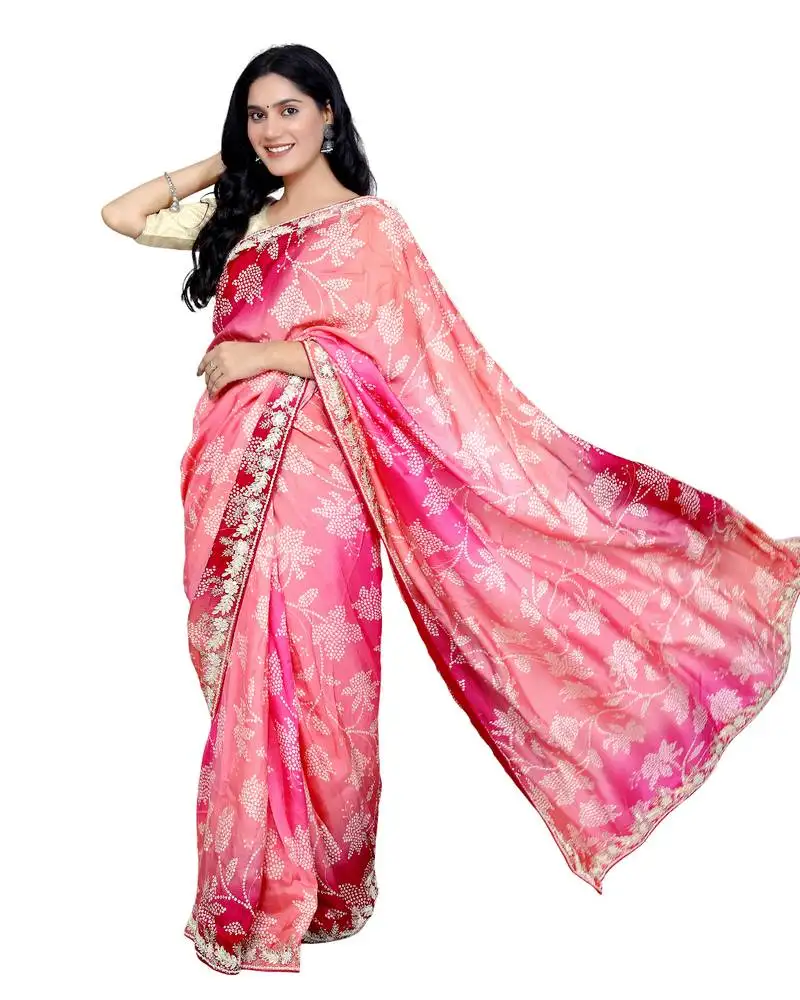 Pink women's jaal bandhani printed traditional silk blend saree for women