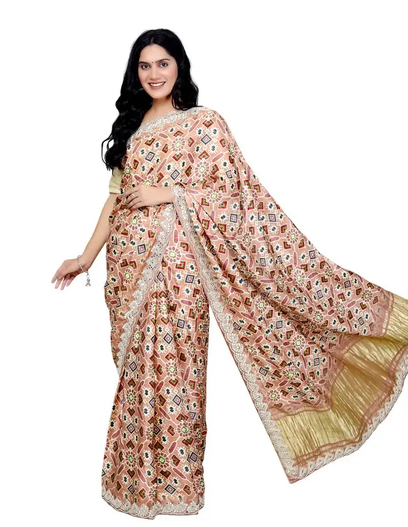 Brown patola print gaji satin hand work saree