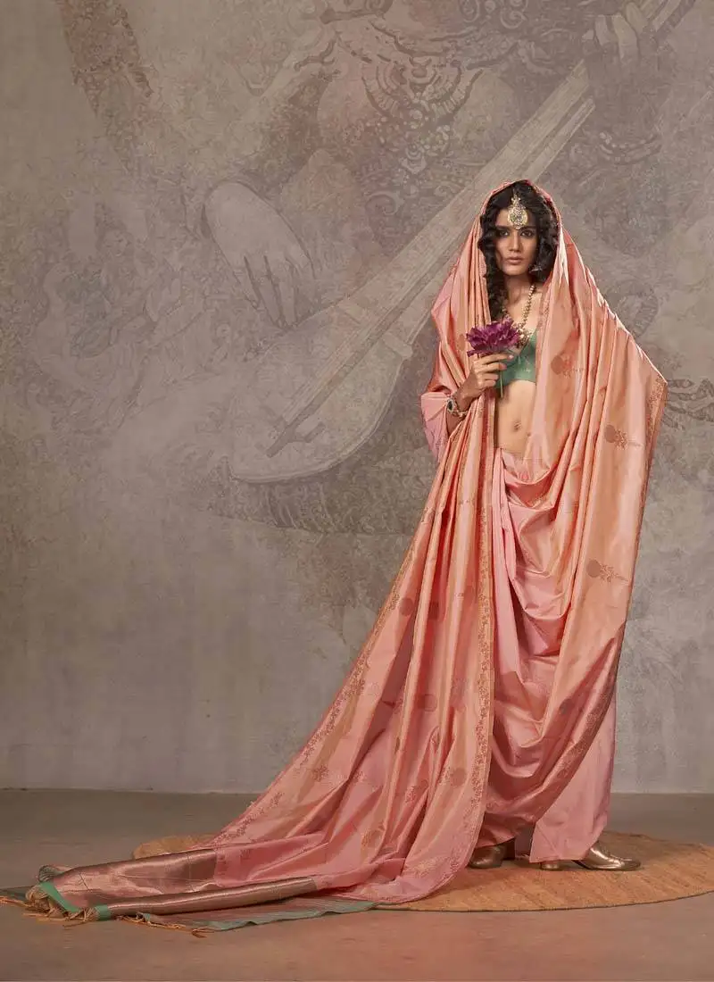 Peach two tone handloom weaving silk blend saree with contrast pallu