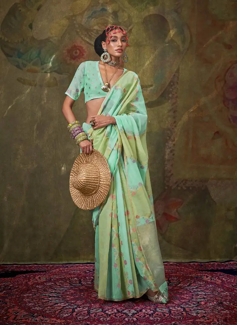 Turquoise & pista cotton silk with tussles on pallu rangkaat weaving saree
