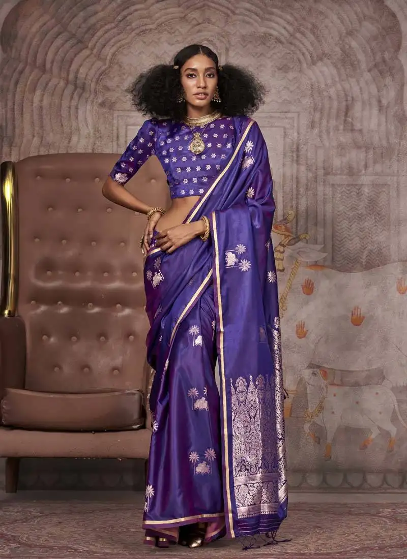 Purple pure satin handloom weaving silk blend saree