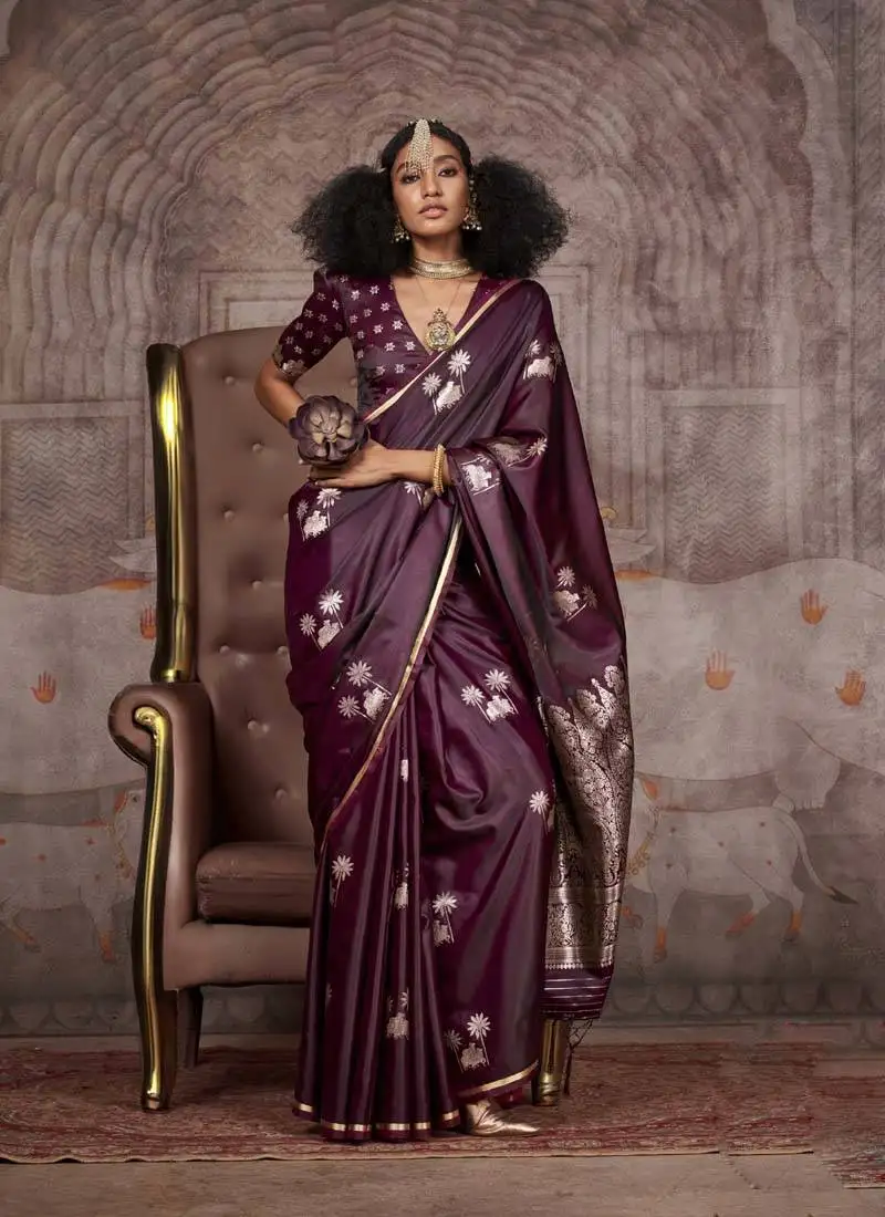 Maroon pure satin handloom weaving silk blend saree