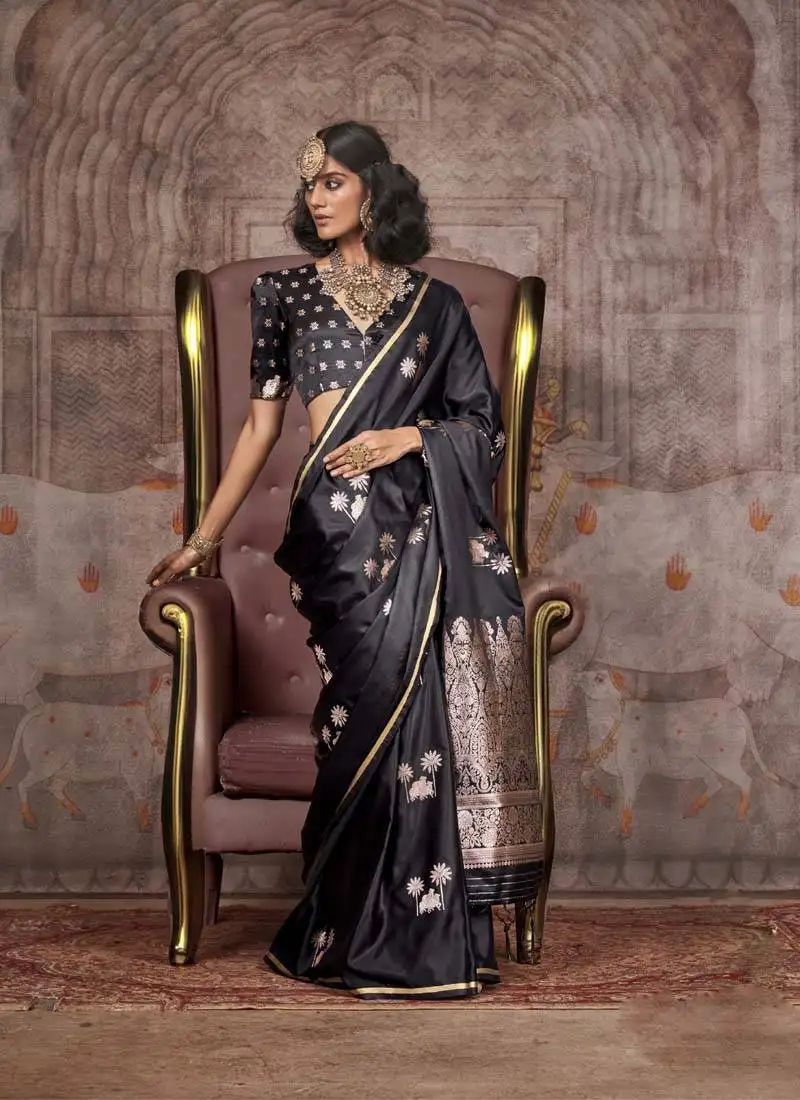 Black pure satin handloom weaving silk blend saree