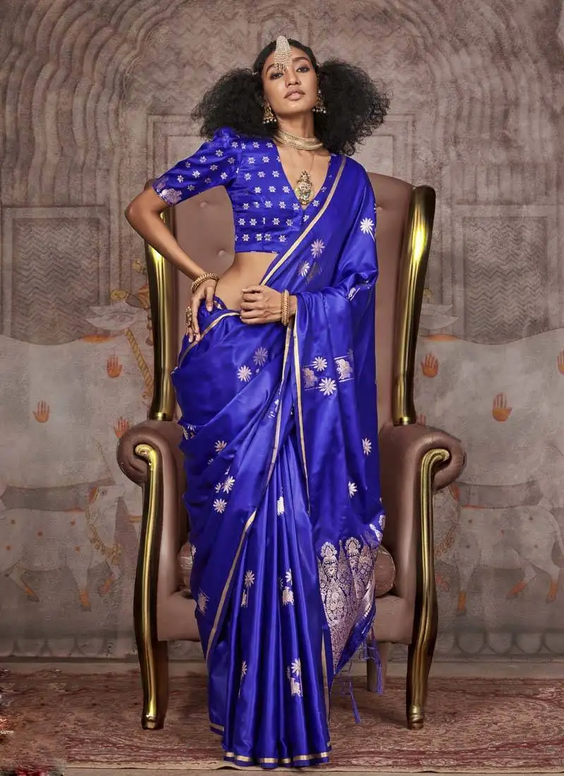 Navy blue pure satin handloom weaving silk blend saree