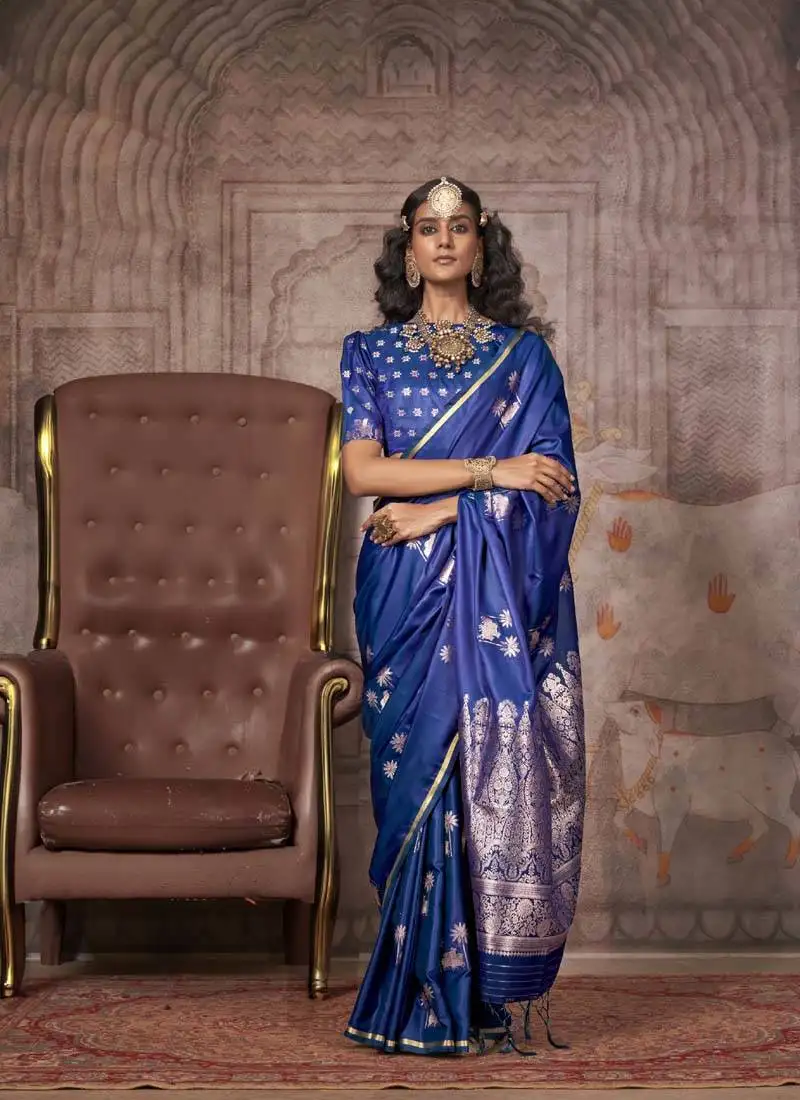 Blue pure satin handloom weaving silk blend saree
