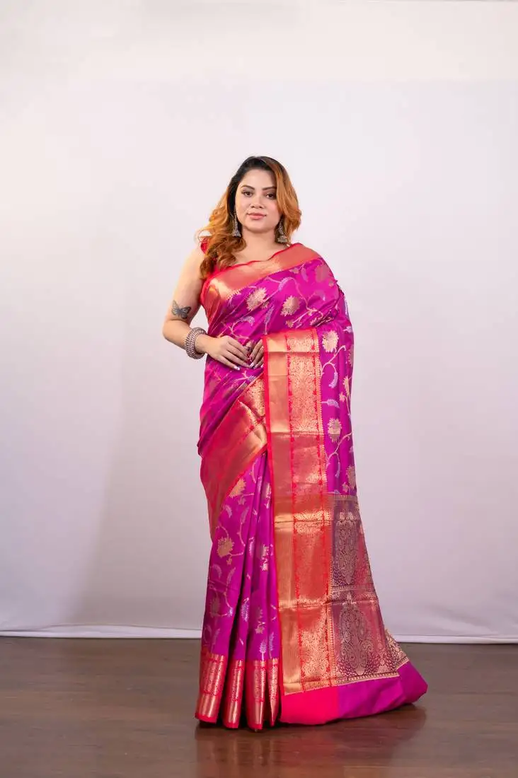 Pink banarasi art silk saree with golden floral motifs