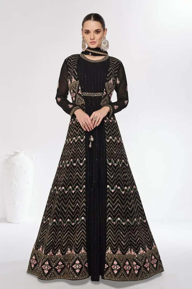 Balck embroidery and sequins georgette gown with jacket - free size stitched(size upto 42")