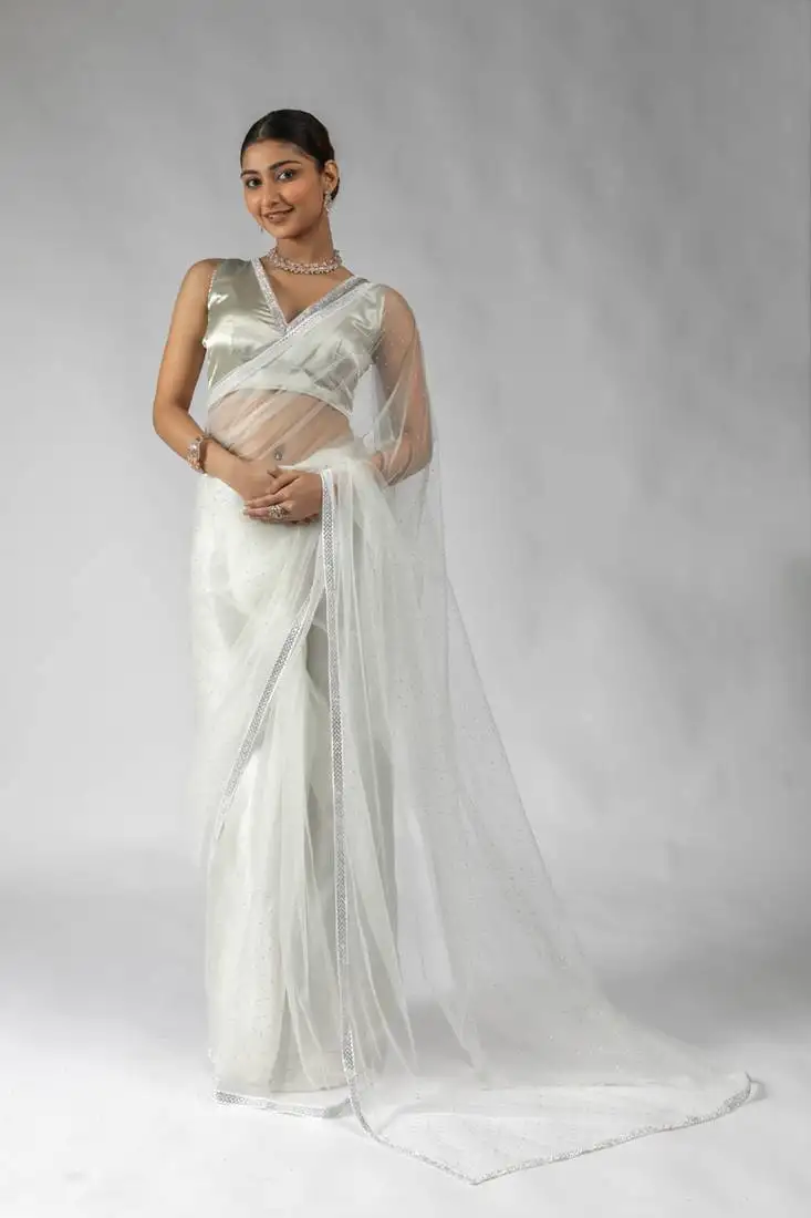 White designer net pre stitch saree