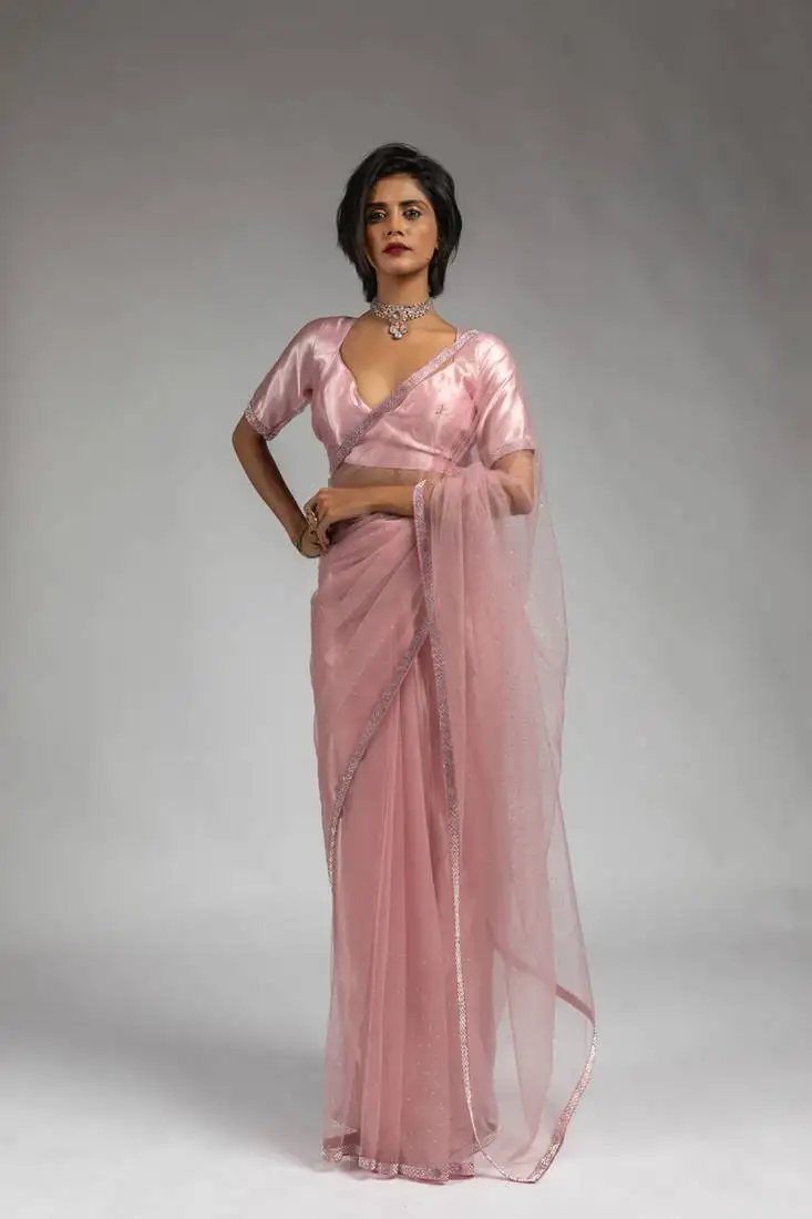 Pink designer net pre stitch saree