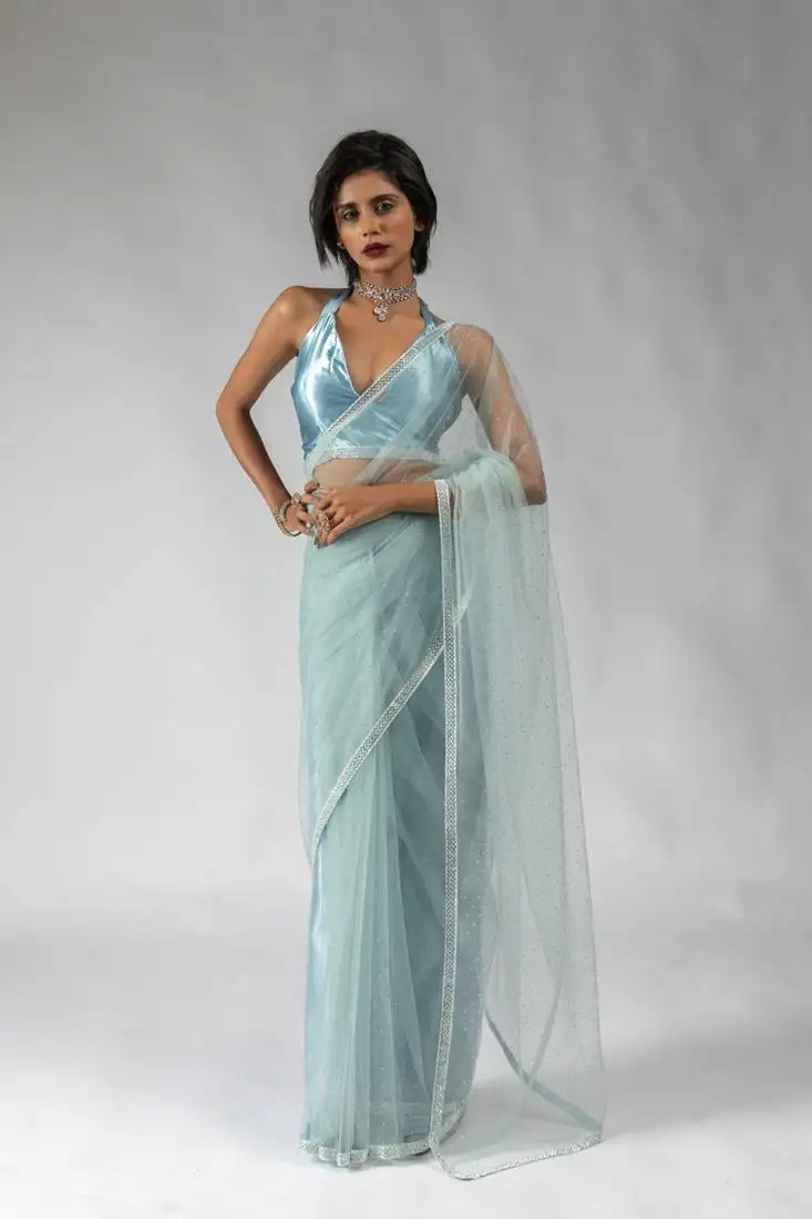 Sky blue designer net pre stitch saree