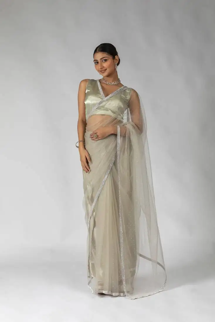 Grey designer net pre stitch saree