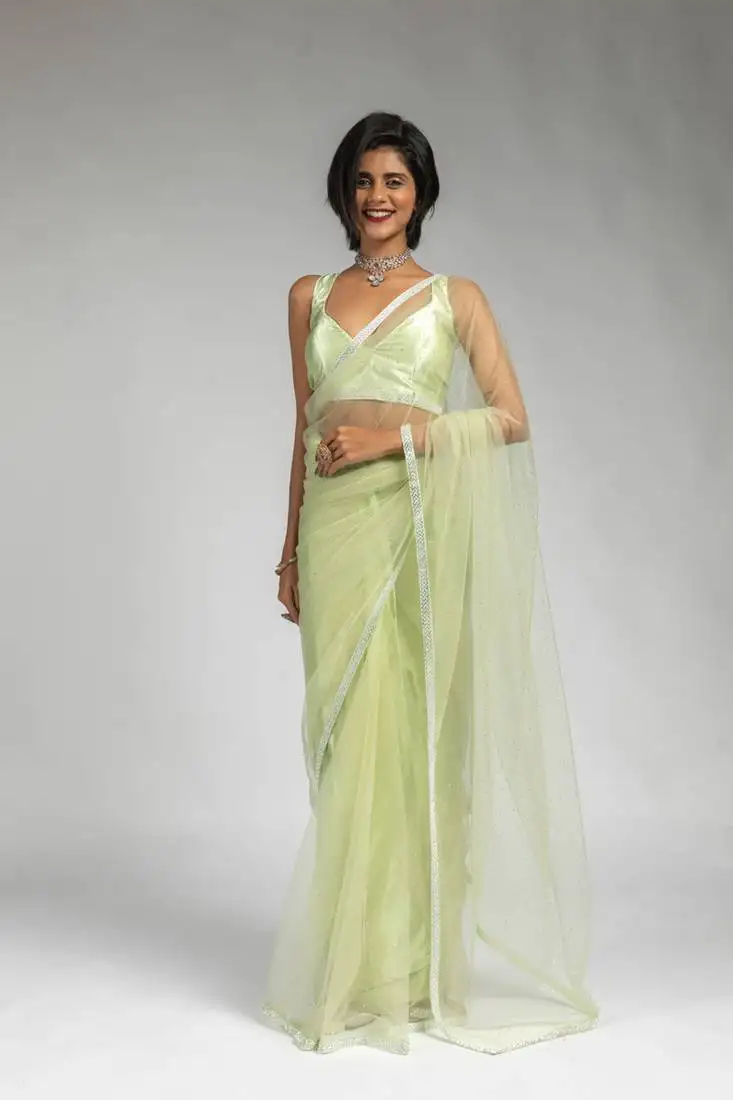 Pista green designer net pre stitch saree