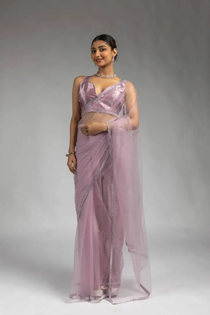 Lavender designer net pre stitch saree
