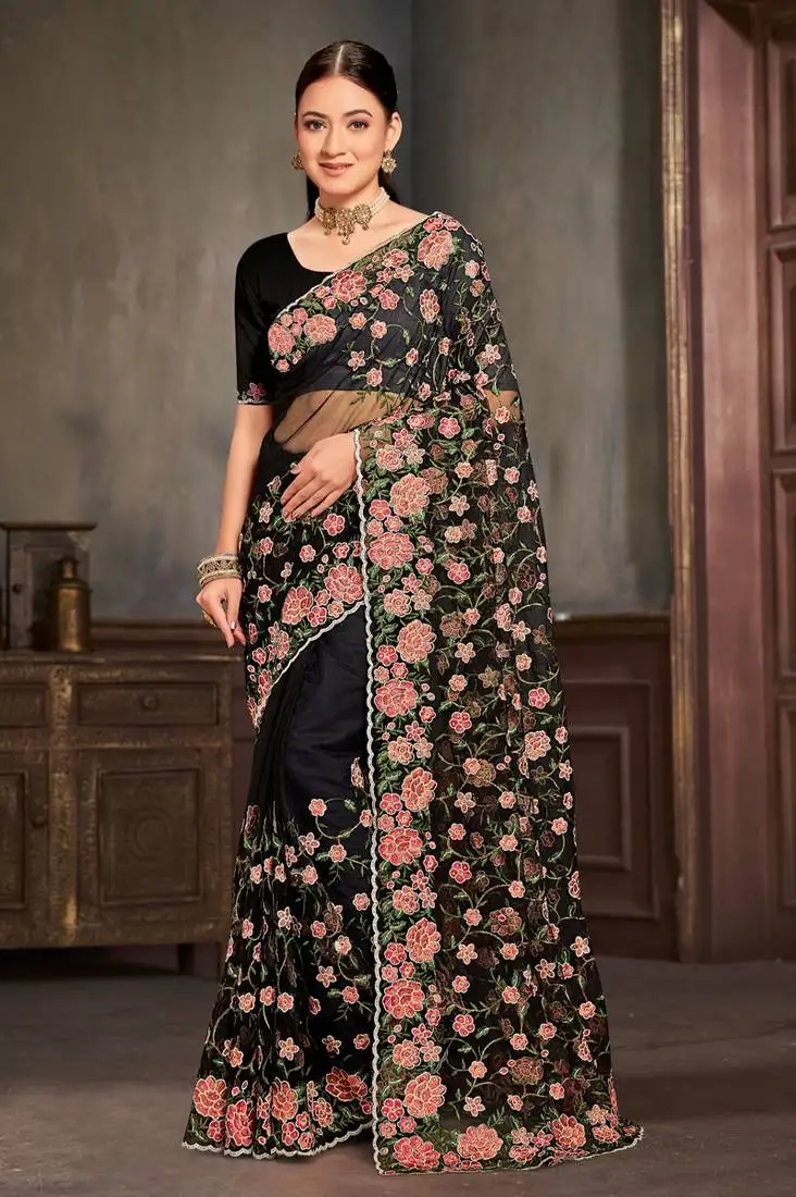 Designer black resham zari embroidery work net saree