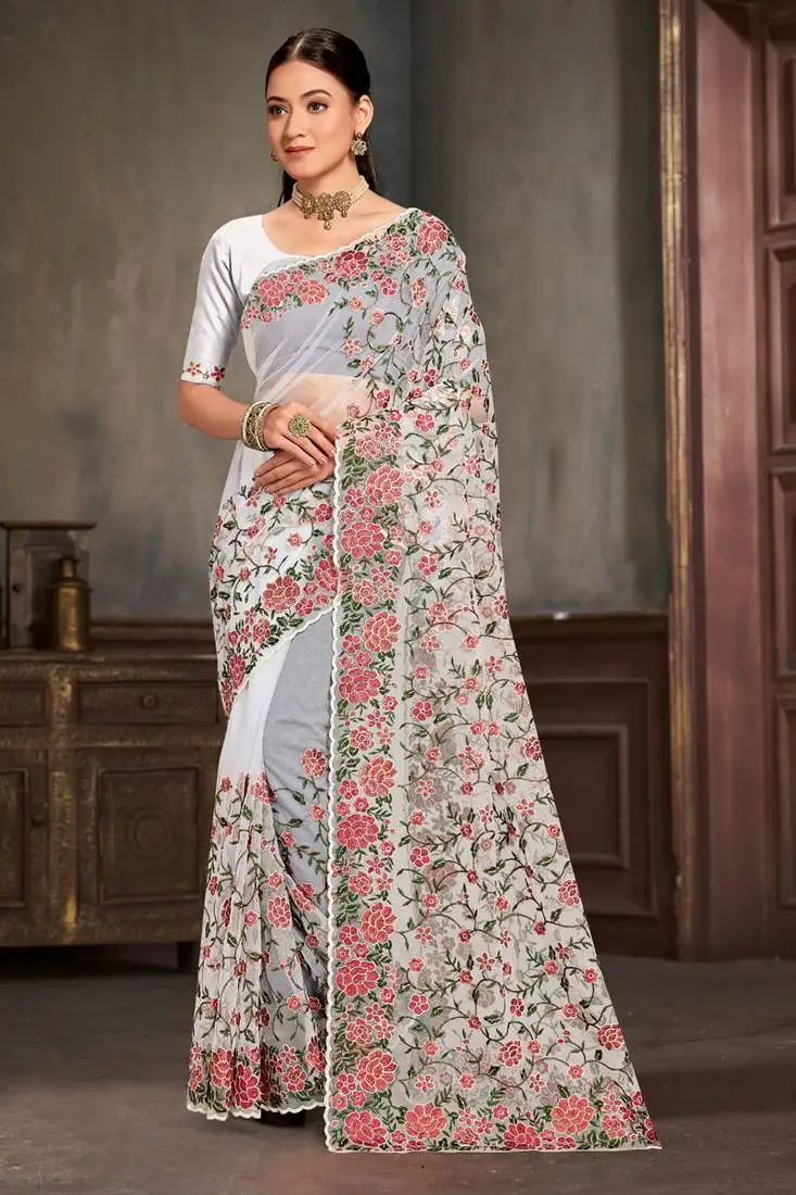 Designer white resham zari embroidery work net saree