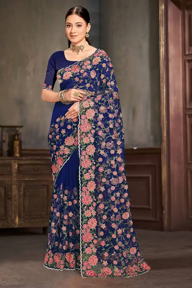Designer navy blue resham zari embroidery work net saree