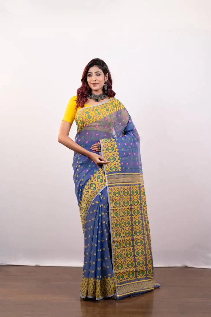 Blue cotton jamdani saree with multi booti and yellow woven border pallu