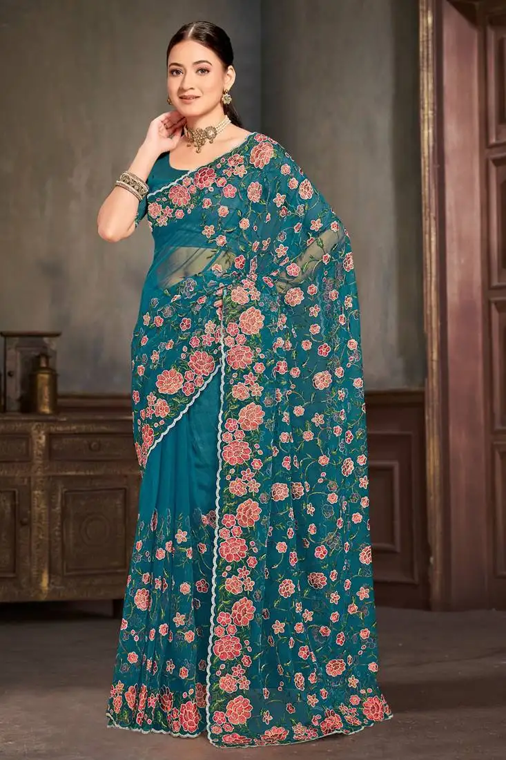 Designer teal blue resham zari embroidery work net saree