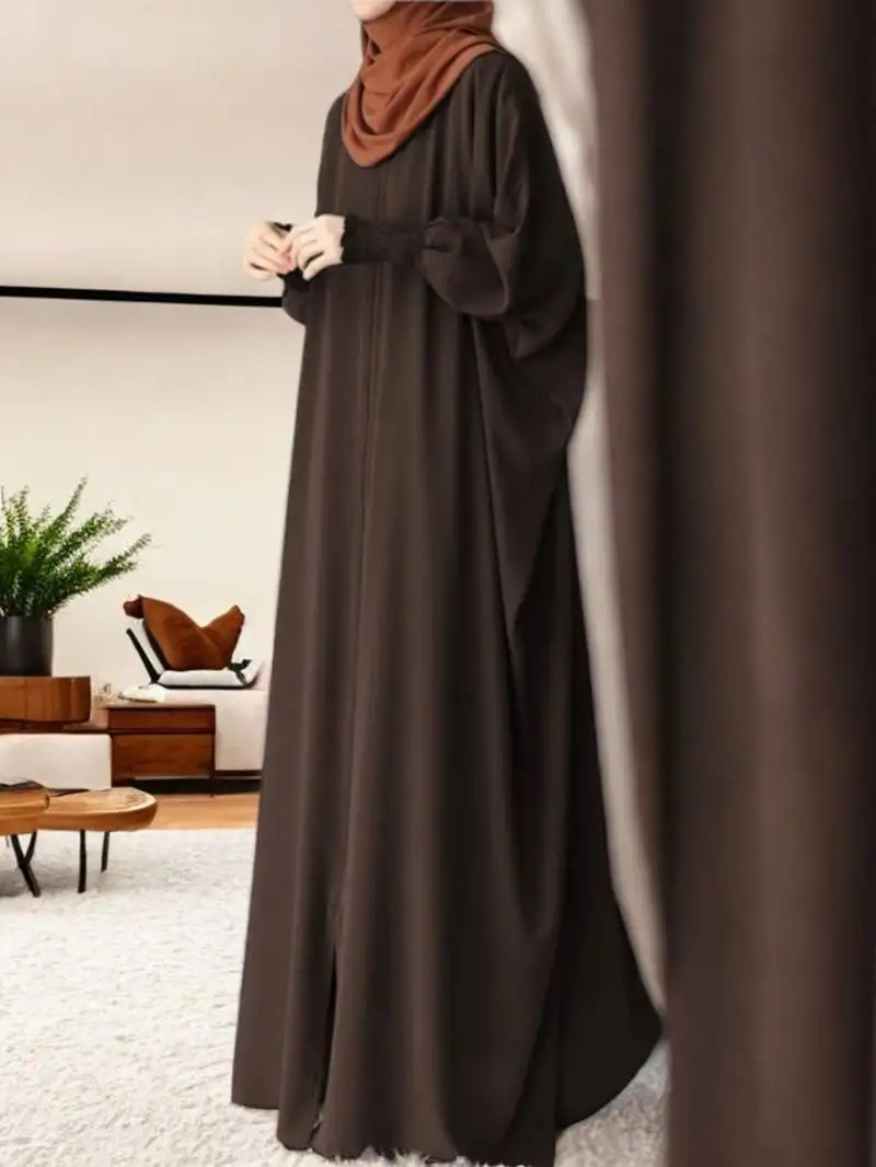 Brown front open kaftan abaya in firdaus with full zipper and smocky sleeves