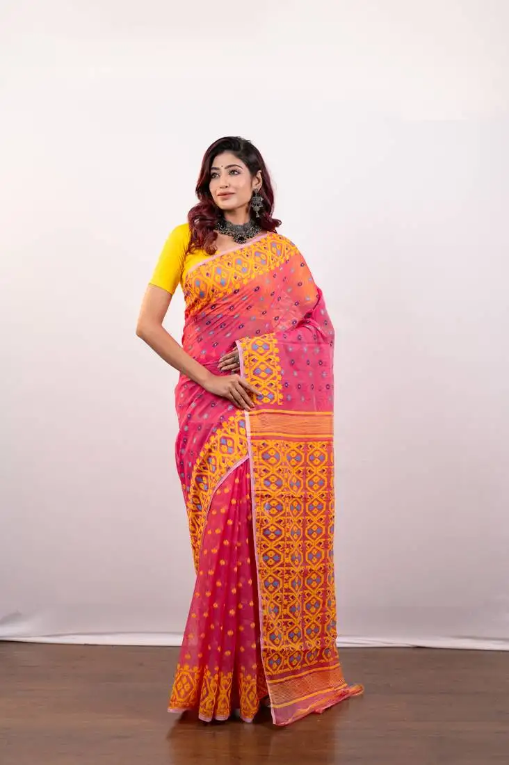 Pink cotton jamdani saree with multi booti and yellow woven border pallu