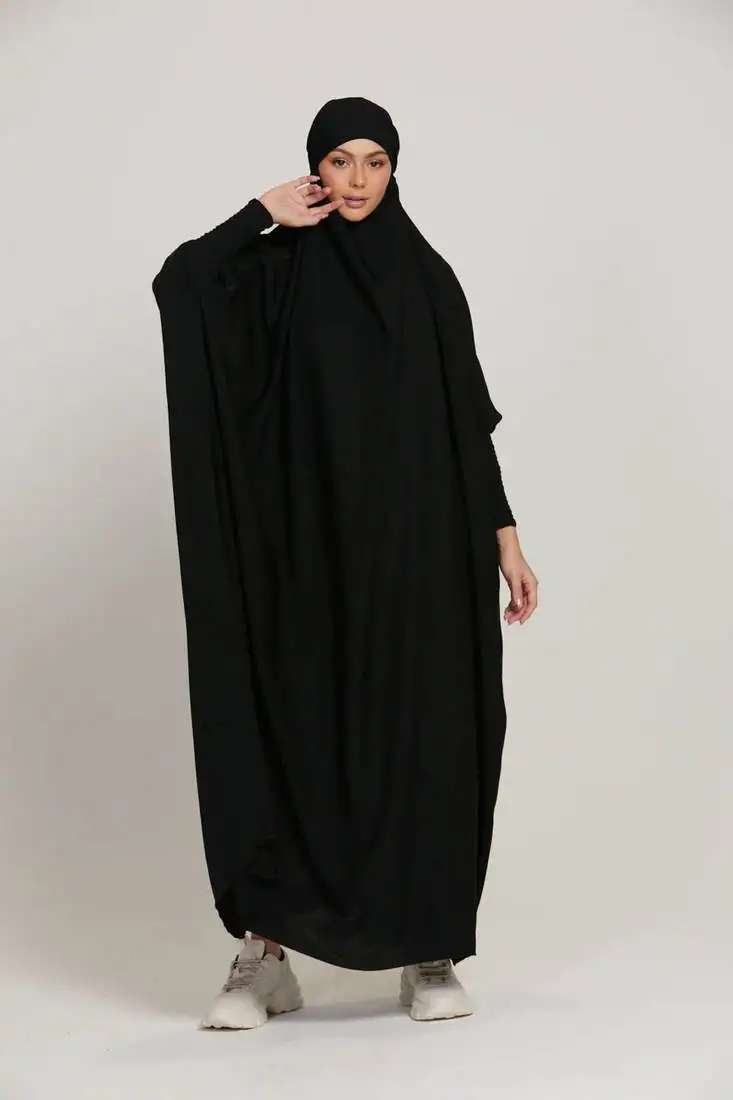 Black one piece jilbab in firdaus with smocky sleeves and attached mouthpiece