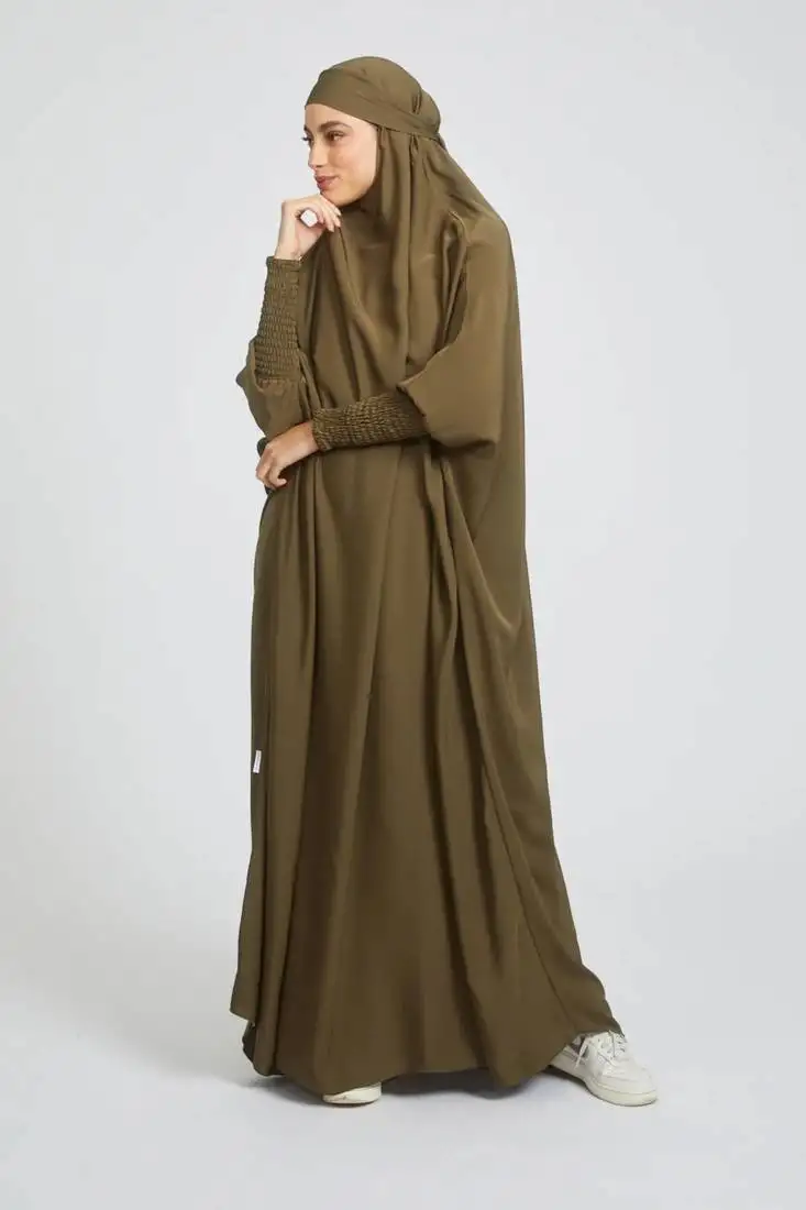 Olive one piece jilbab in firdaus with smocky sleeves and attached mouthpiece