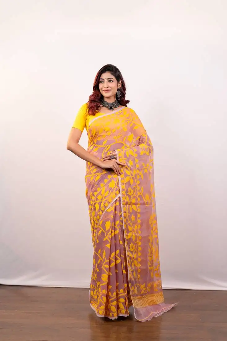 Charm pink cotton jamdani saree with yellow leaf jaal motifs