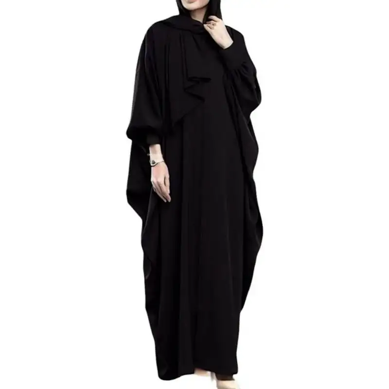 Black abaya kaftan in nida satin with cuff sleeves and zipper opening