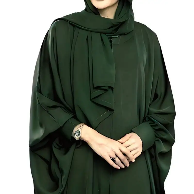 Green abaya kaftan in nida satin with cuff sleeves and zipper opening