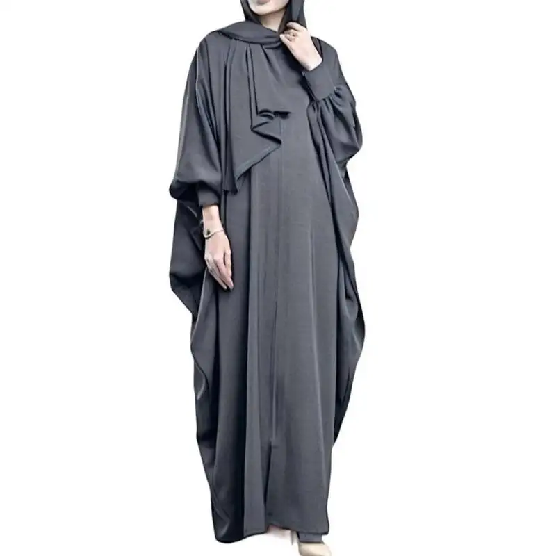 Grey abaya kaftan in nida satin with cuff sleeves and zipper opening