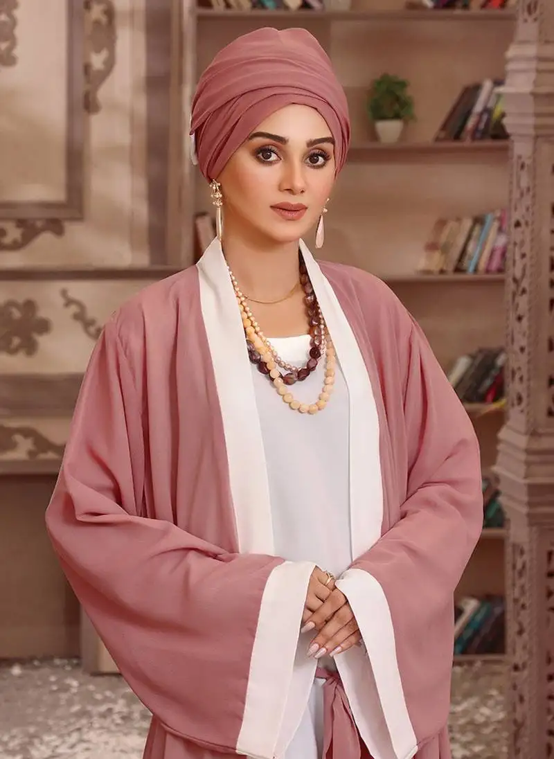 Multi-color abaya with white nida satin inner georgette open shrug and matching hijab