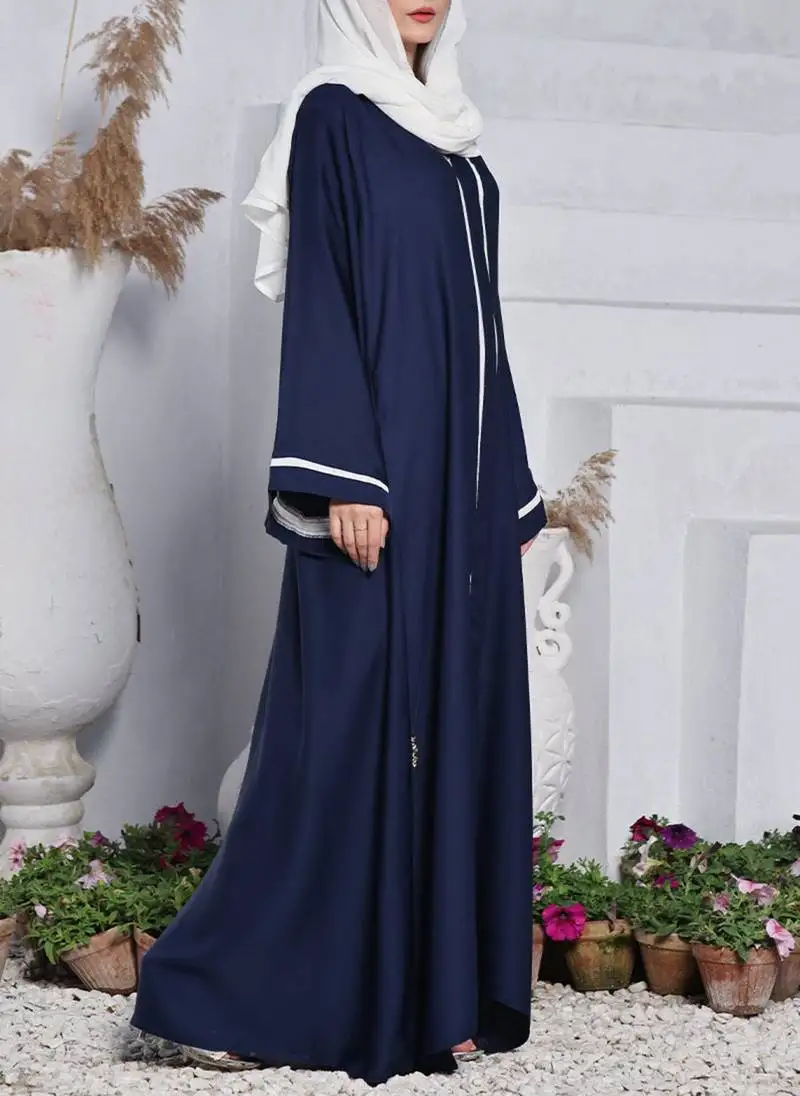 Navy blue front open abaya in premium with contrast panels, pockets, and white hijab