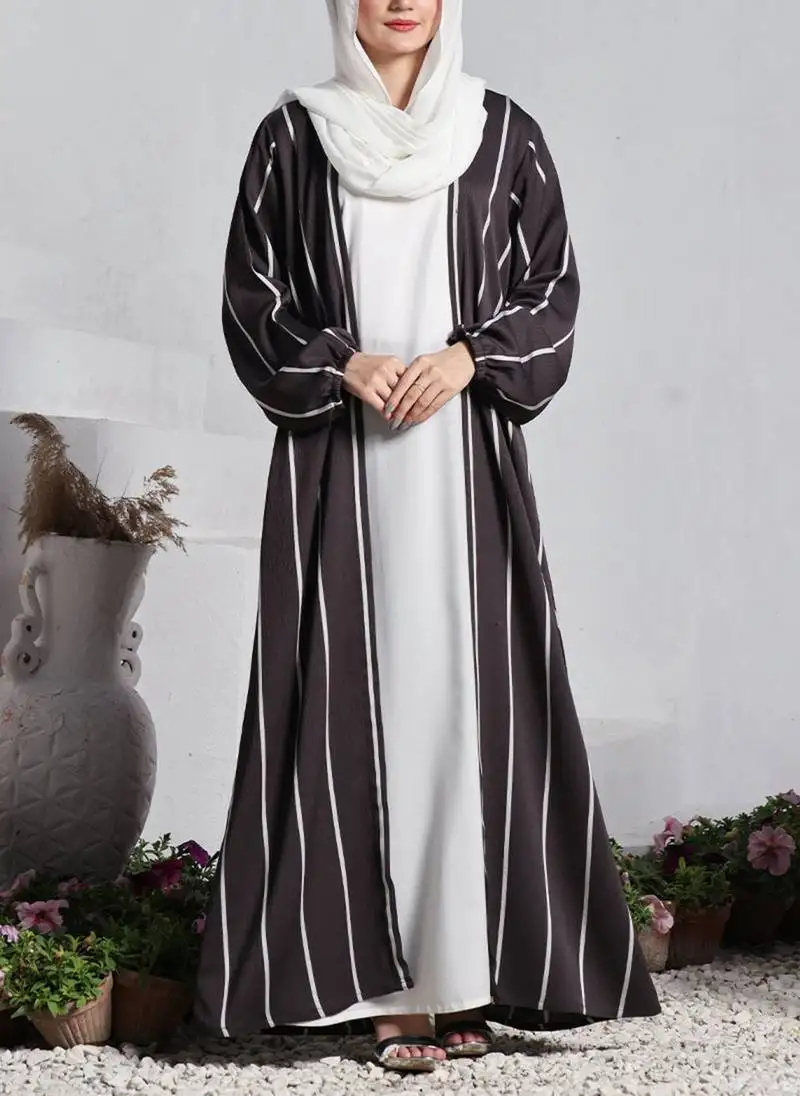Three pieces abaya set with white nida satin sleeveless inner poly silk open abaya and white hijab