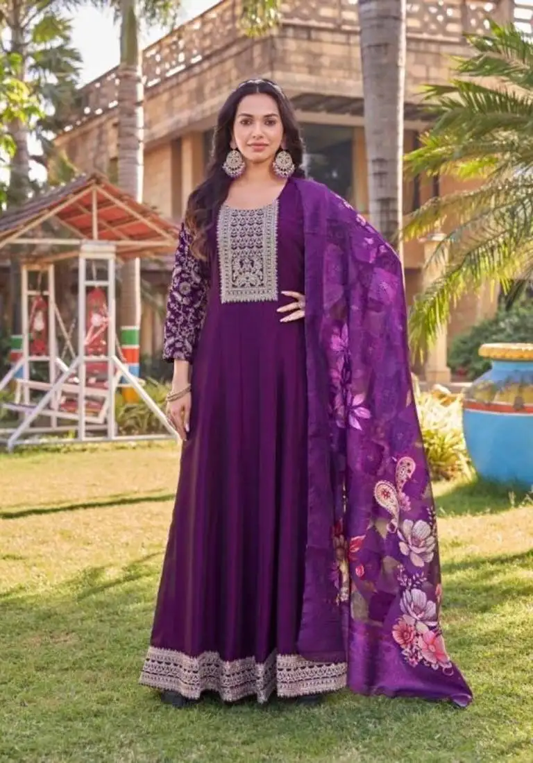 Dark purple heavy silk free size embroidered anarkali gown with floral dupatta stitched
