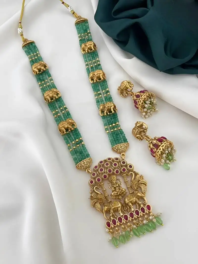 Royal elephant emerald beaded necklace set - antique gold temple jewelry with ruby accents (designer collection)