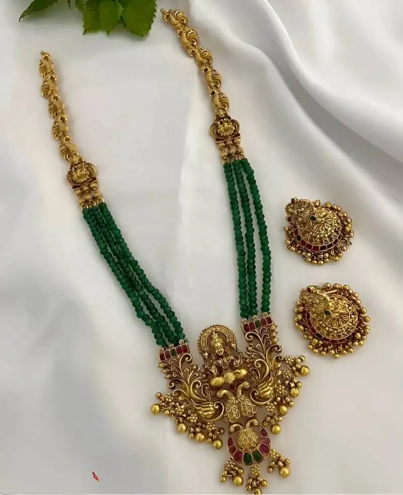 Emerald temple necklace set - antique gold goddess design with multi-strand beads (traditional collection)